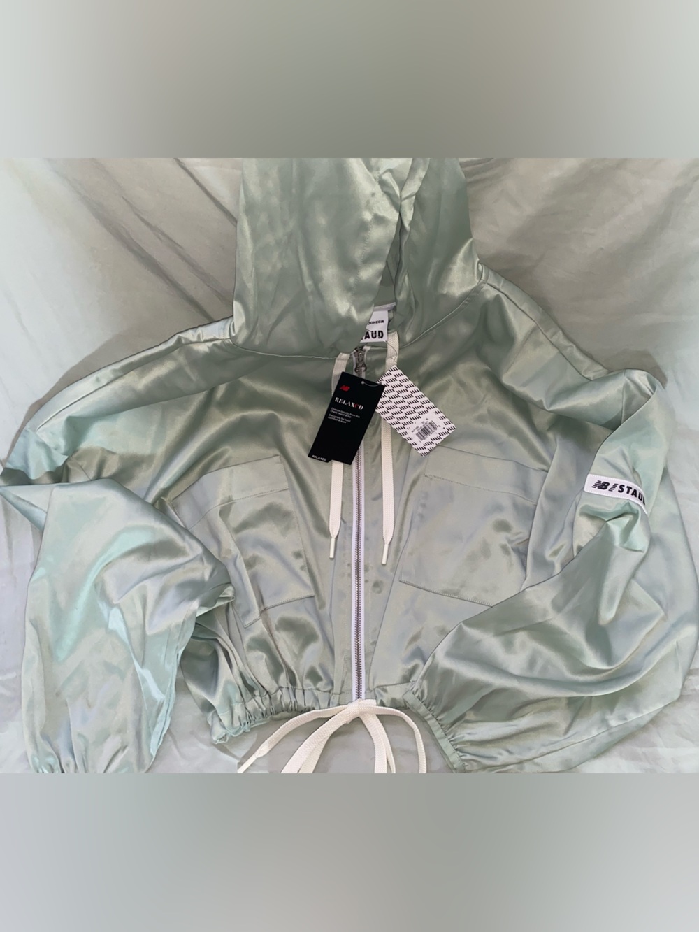 New Balance STAUD Mint Satin Cropped Zip Hoodie